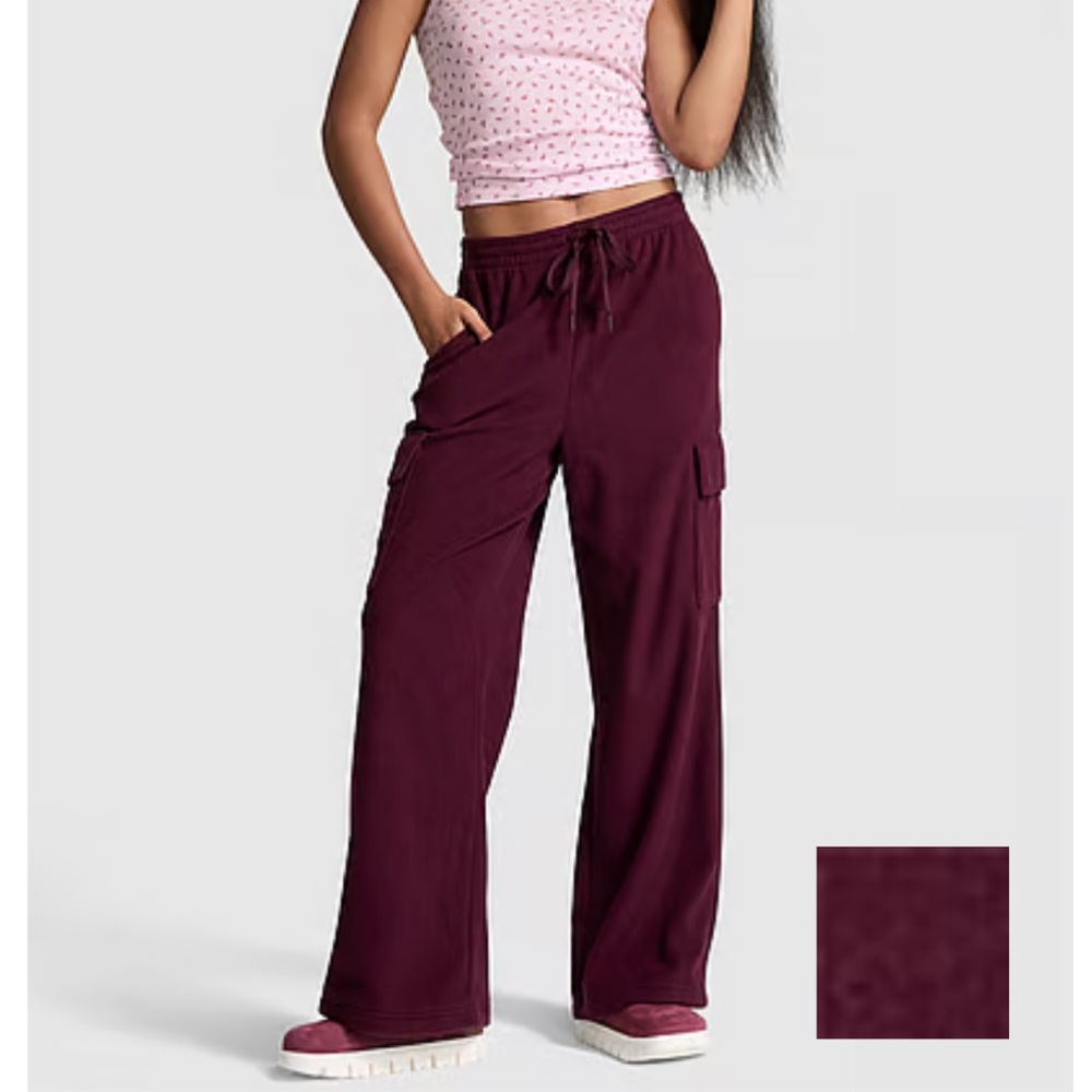 🆕 VS PINK Wide Leg Fleece Cargo Pants Wild Rose - Small- Sold Out Online